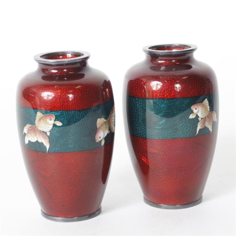 Appraisal: Pair of Japanese silver Basse Taille vases featuring Cloisonne Koi