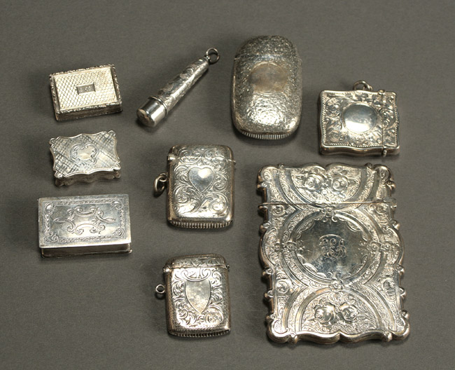 Appraisal: Group of Two English Silver Vinaigrettes Four Match Safes a