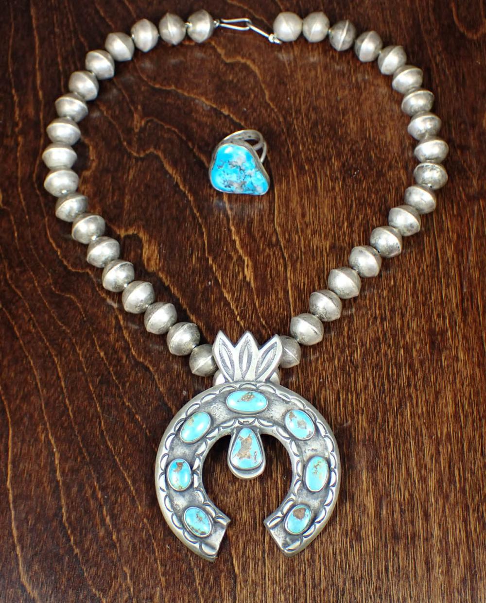 Appraisal: NAVAJO SILVER AND TURQUOISE RING AND NECKLACE purchased at the