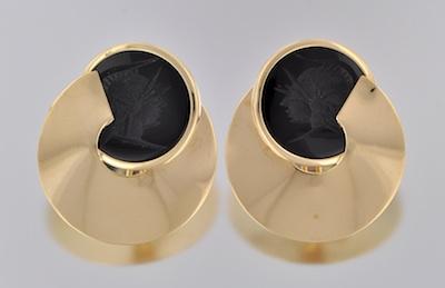 Appraisal: A Pair of Gold and Onyx Intaglio Earrings k yellow