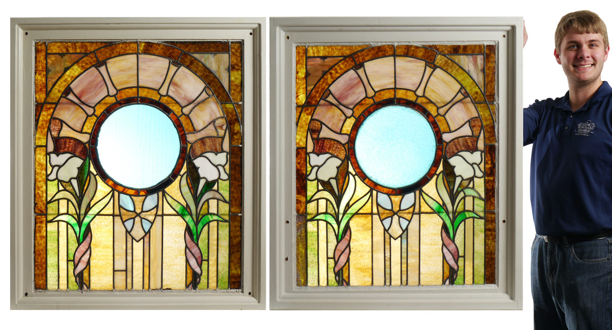 Appraisal: PAIR OF FRAMED STAINED GLASS PANELS Arched center section with