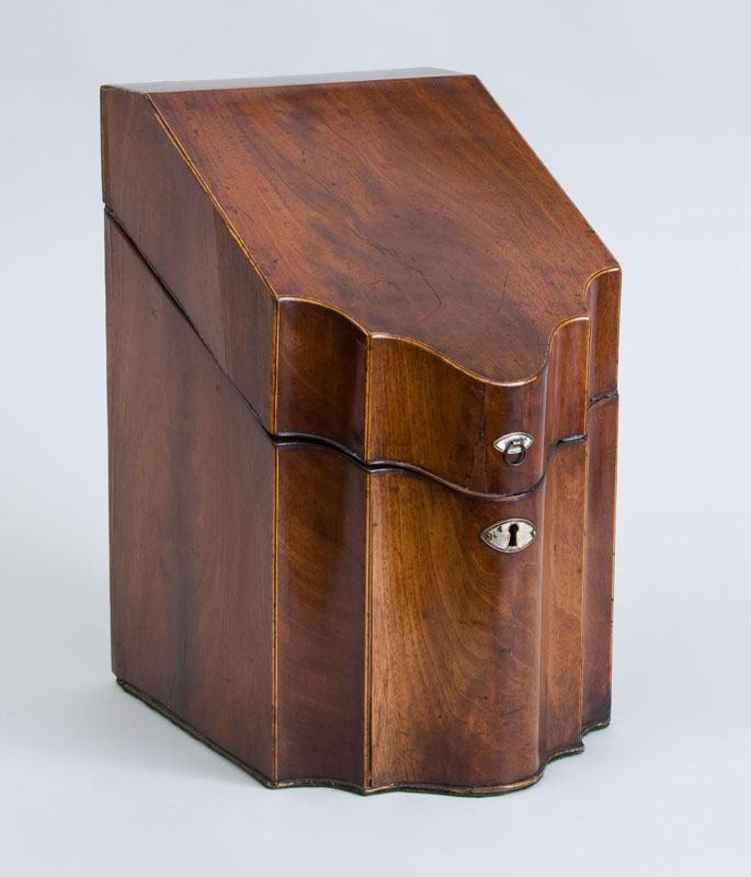 Appraisal: GEORGE III INLAID MAHOGANY CUTLERY BOX The sloping scallop-front lid