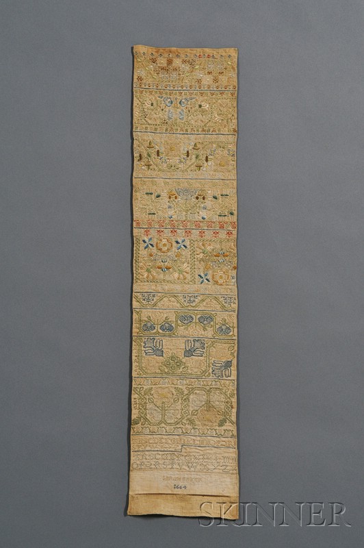 Appraisal: Needlework Band Pattern Sampler Sarah Baker worked in polychrome silk