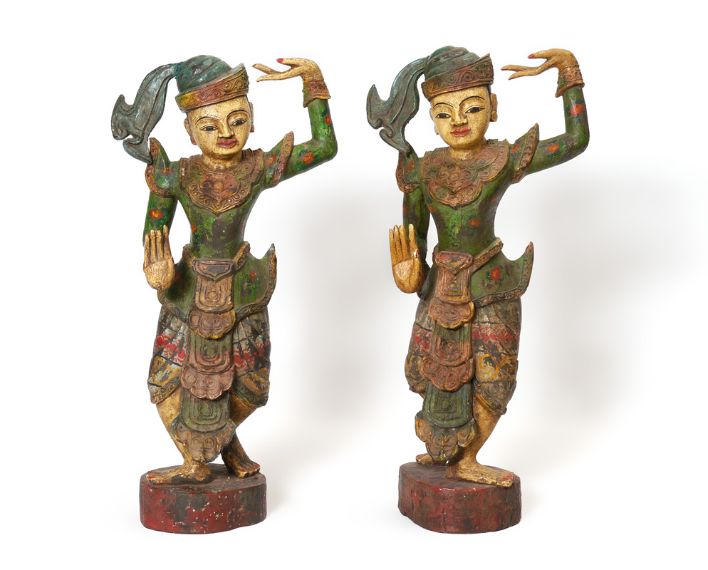 Appraisal: PAIR BURMESE POLYCHROME CARVED FIGURES Carved wood figures of a