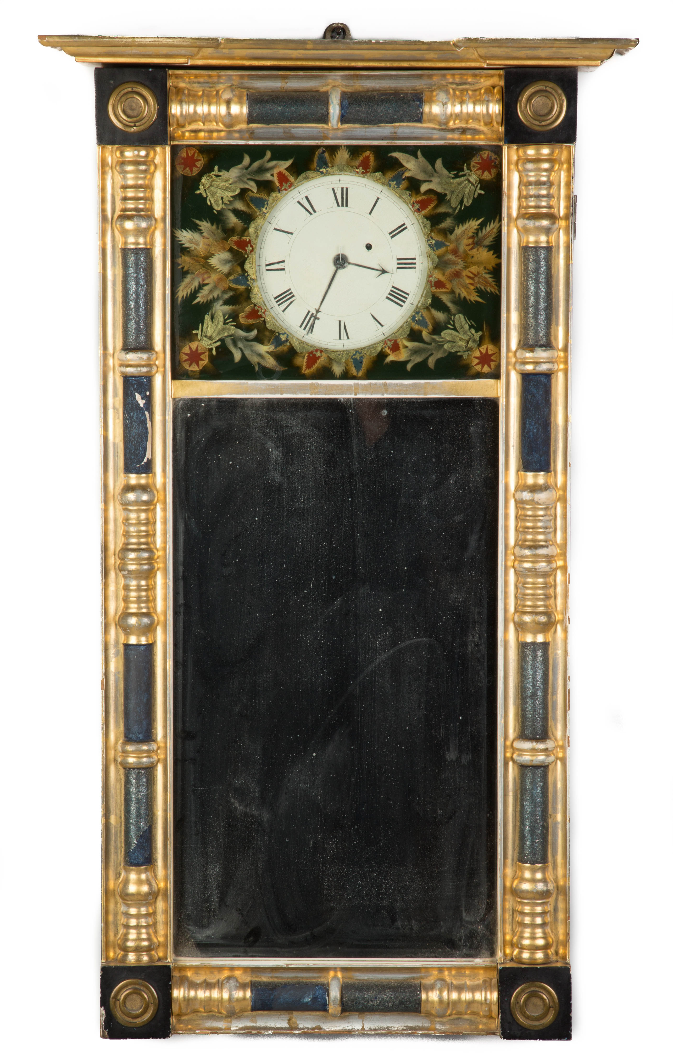 Appraisal: Samuel Abbott Mirror Clock Gilded and decorated columns loss to