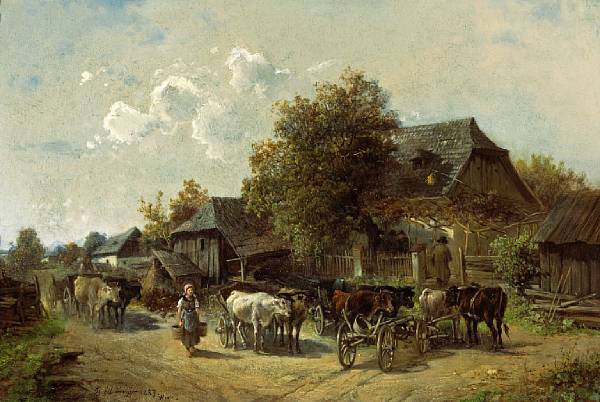 Appraisal: Ignaz Ellminger Austrian - Oxen carts in front of a