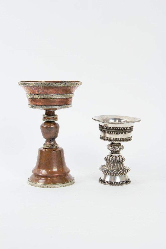 Appraisal: Two Tibetan Butter Lamps Likely th Century Larger lamp of