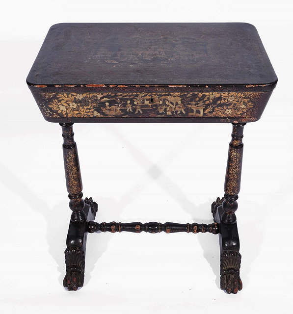 Appraisal: A CHINESE EXPORT LACQUERED SEWING TABLE with all over Chinoiserie