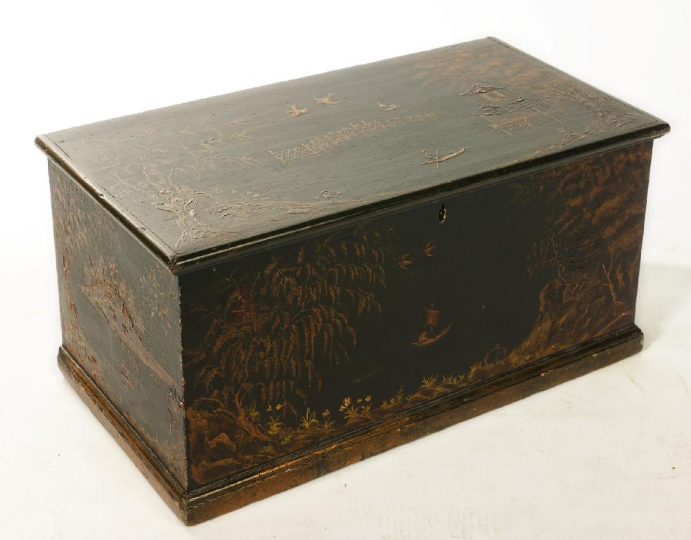 Appraisal: GEORGE III LACQUERED BLANKET BOX the moulded rectangular top attractively