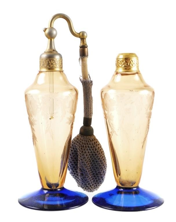 Appraisal: Two amber and blue glass perfume bottles one with atomizer