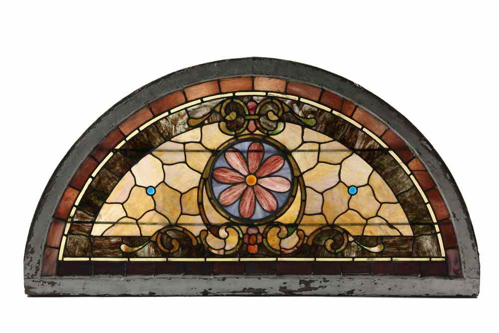 Appraisal: STAINED GLASS WINDOW - Large Arched Stained Glass Window Transom