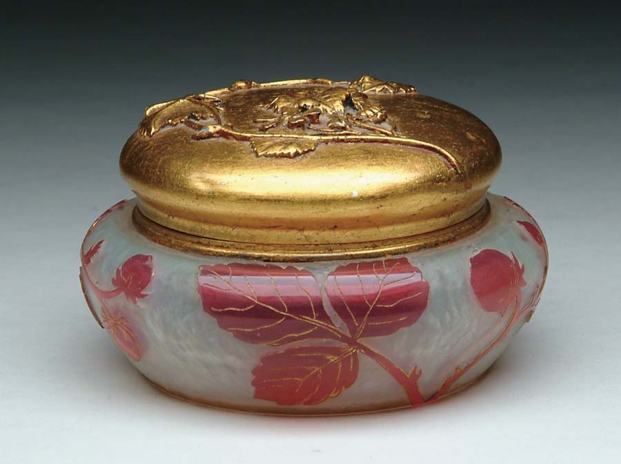 Appraisal: DAUM NANCY POWDER JAR Wonderful powder jar features cameo decoration