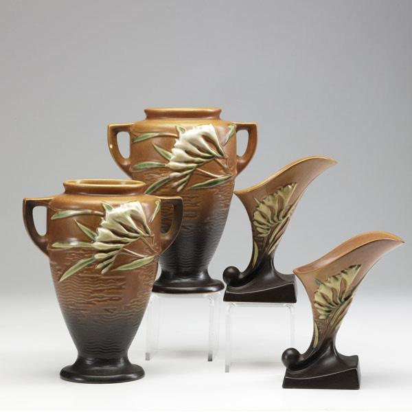 Appraisal: ROSEVILLE Two pairs of brown Freesia vases - and -