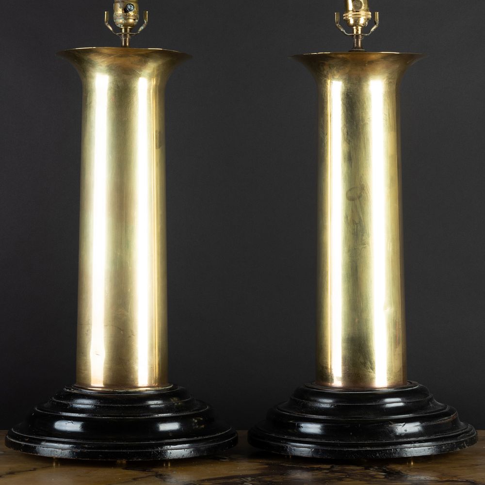 Appraisal: Pair of Large Brass Copper and Ebonized Columnar Lamps Raised