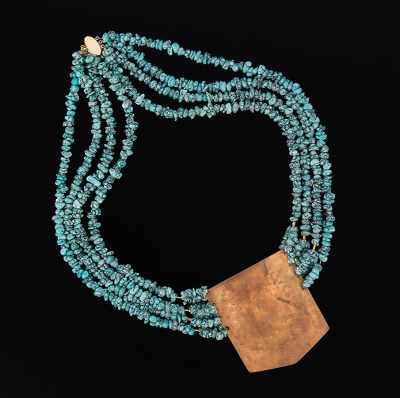 Appraisal: A Large Turquoise Bead And Brass Plaque Necklace Four strand