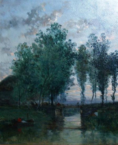 Appraisal: French School th th Century River Scene with Poplars Estimate