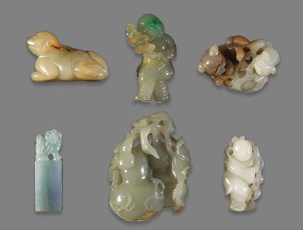 Appraisal: A group of six small jade carvings Including a white