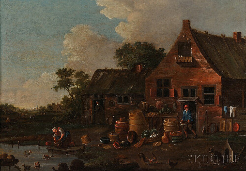 Appraisal: Dutch School th Century Cottage Farmyard with Figures Unsigned Oil