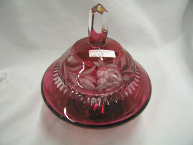 Appraisal: Cranberry Cut-to-Clear Covered Jar fine floral decor