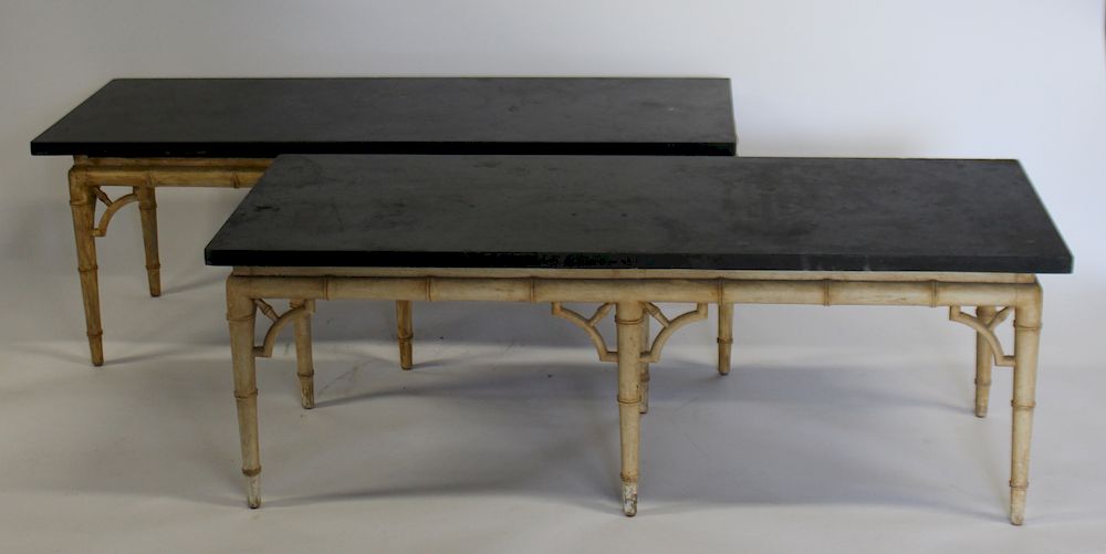 Appraisal: A Pair Of Slate Top Tables With Bamboo Form Bases