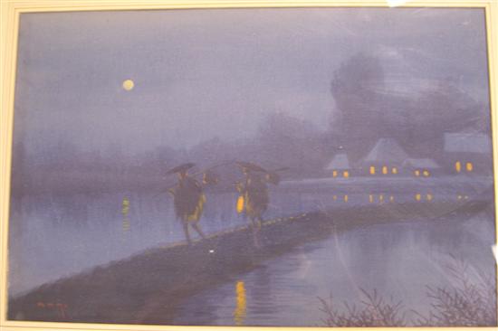 Appraisal: th C watercolor and gouache on paper moonlit Asian scene