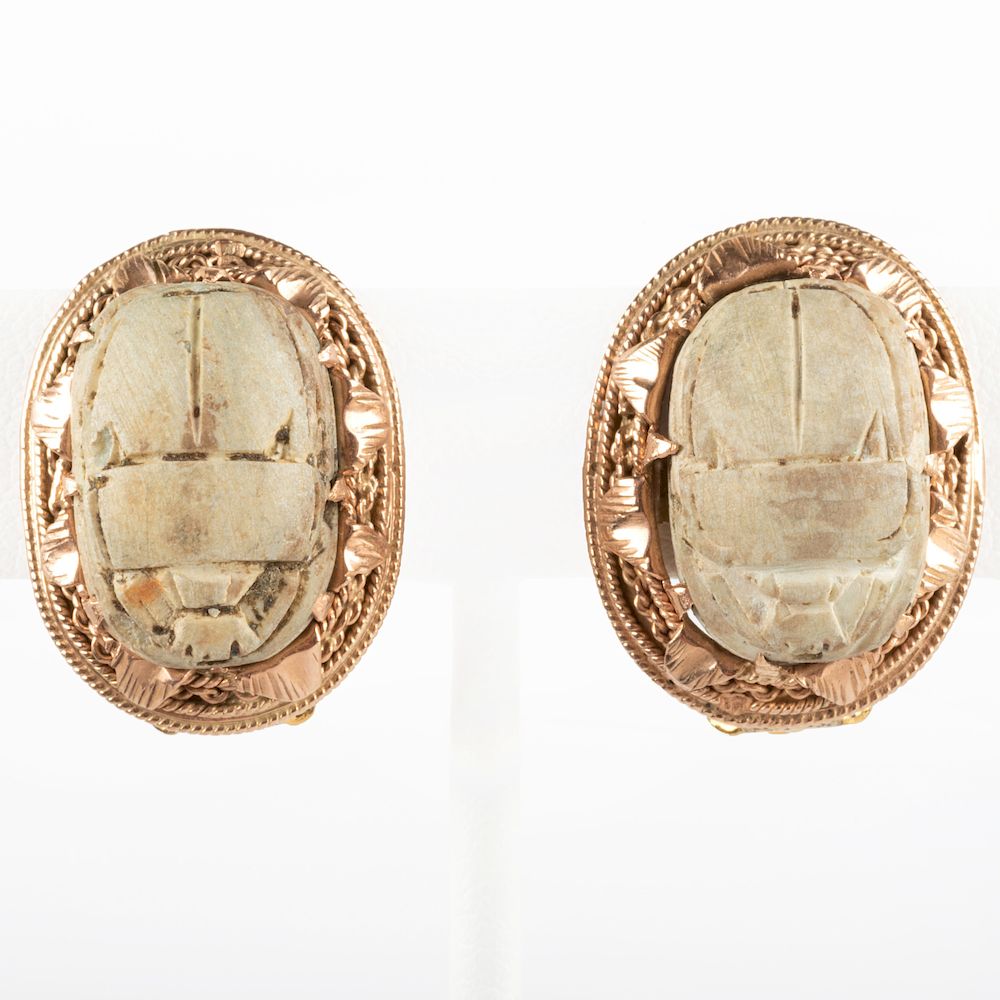 Appraisal: Pair of k Gold and Steatite Scarab Earclips Pair of