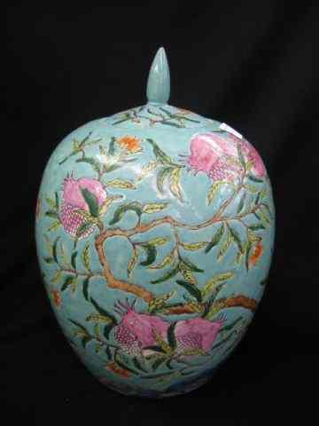 Appraisal: Chinese Porcelain Jar fruit foliage on turquoise field '' signed