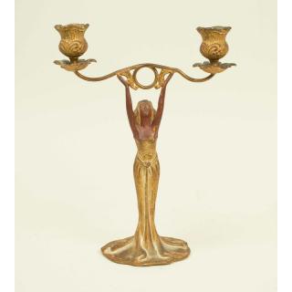 Appraisal: Art Nouveau Figural Candlestick Art Nouveau double arm bronze figural