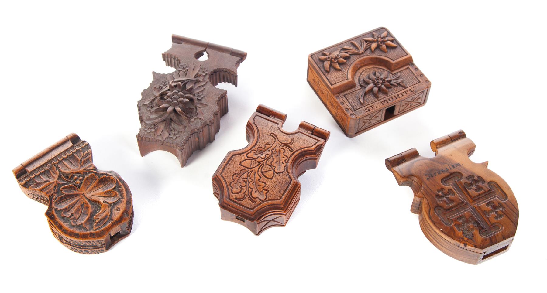 Appraisal: FIVE CARVED WOODEN WATCH HUTCHES European and Middle East th