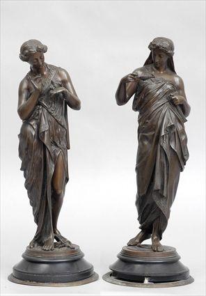 Appraisal: PAIR OF BRONZE ALLEGORICAL FIGURES OF CLASSICAL MAIDENS Each modeled