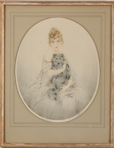 Appraisal: Lady with Cat Persian Cat etching x image size pencil