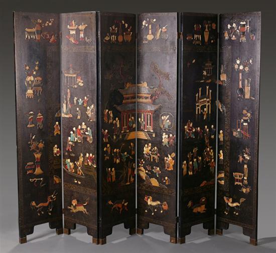 Appraisal: Chinese six panel inlaid coromandel screen Mid th century Black