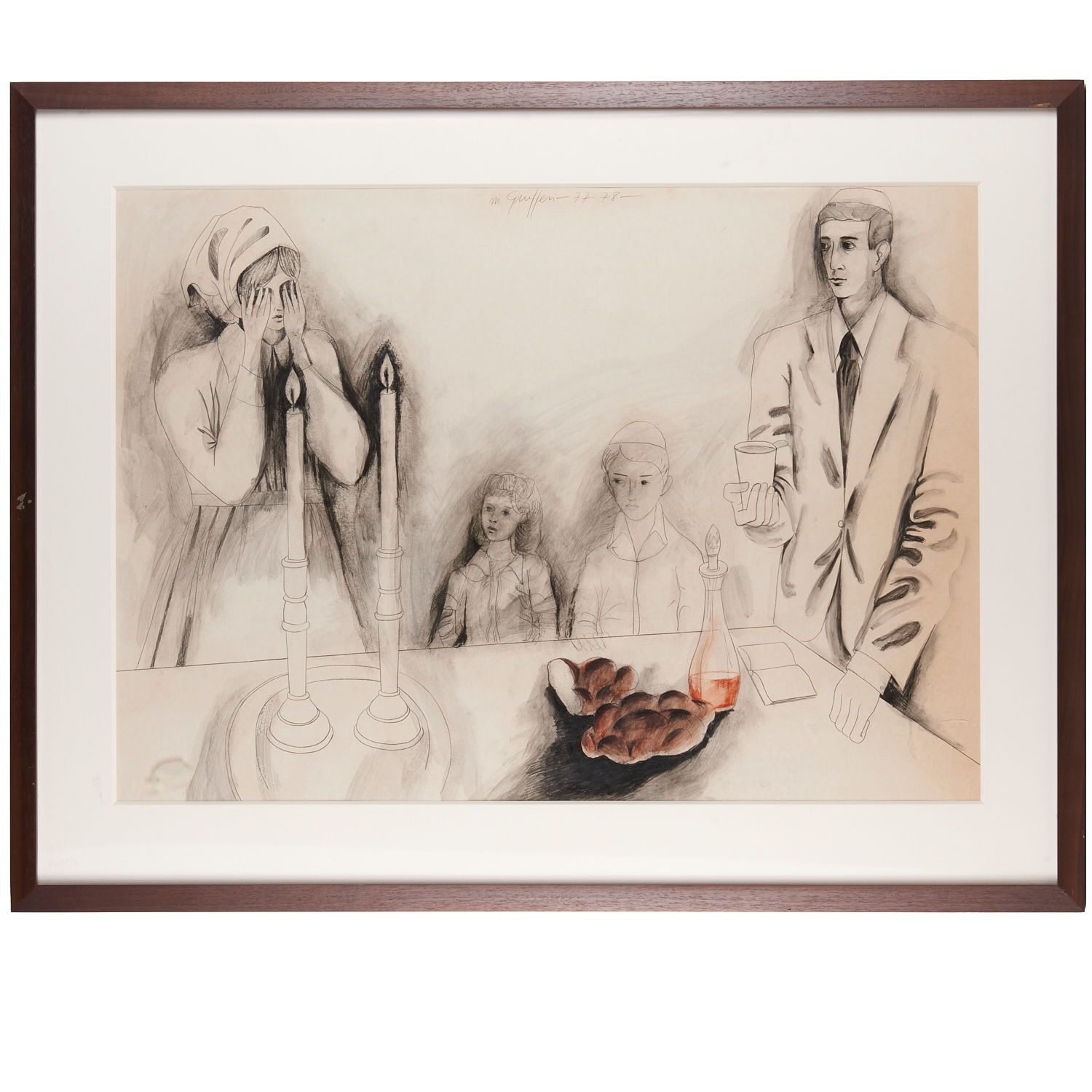 Appraisal: MENACHEM GUEFFEN JUDAIC DRAWING Menachem Gueffen British-French-Israeli b Sabbath Dinner