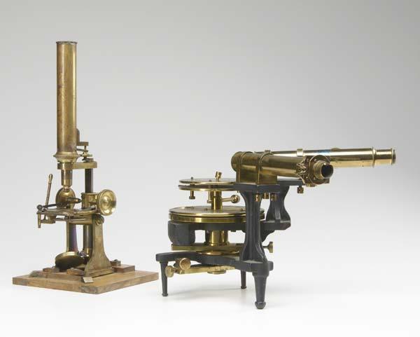 Appraisal: VINTAGE SCIENTIFIC INSTRUMENTS Brass microscope and surveying tool in brass