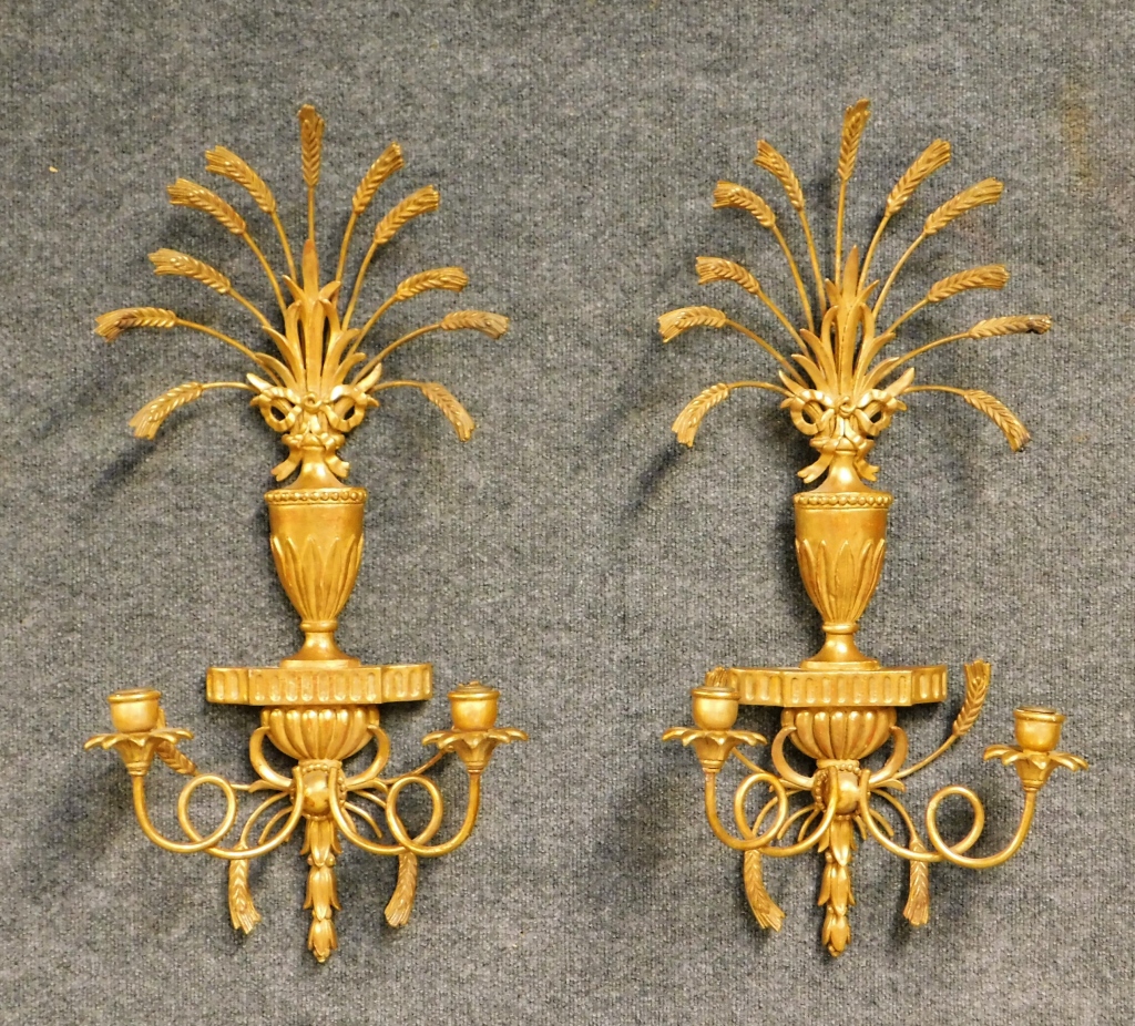 Appraisal: PR ITALIAN WHEAT SHEATH WALL SCONCES Italy th CenturyTwo arm