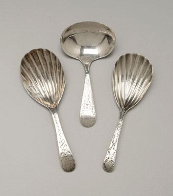 Appraisal: Three th century caddy spoons English silver bright-cut engraved handles