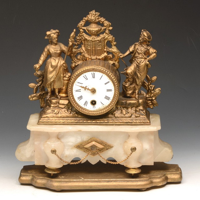 Appraisal: A TH CENTURY FRENCH ALABASTER AND SPELTER MANTEL CLOCK under