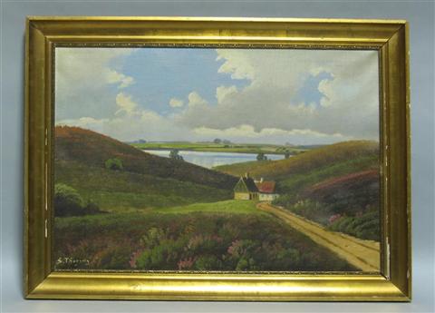 Appraisal: S THORING LANDSCAPE WITH FARMHOUSE Oil on canvas x in