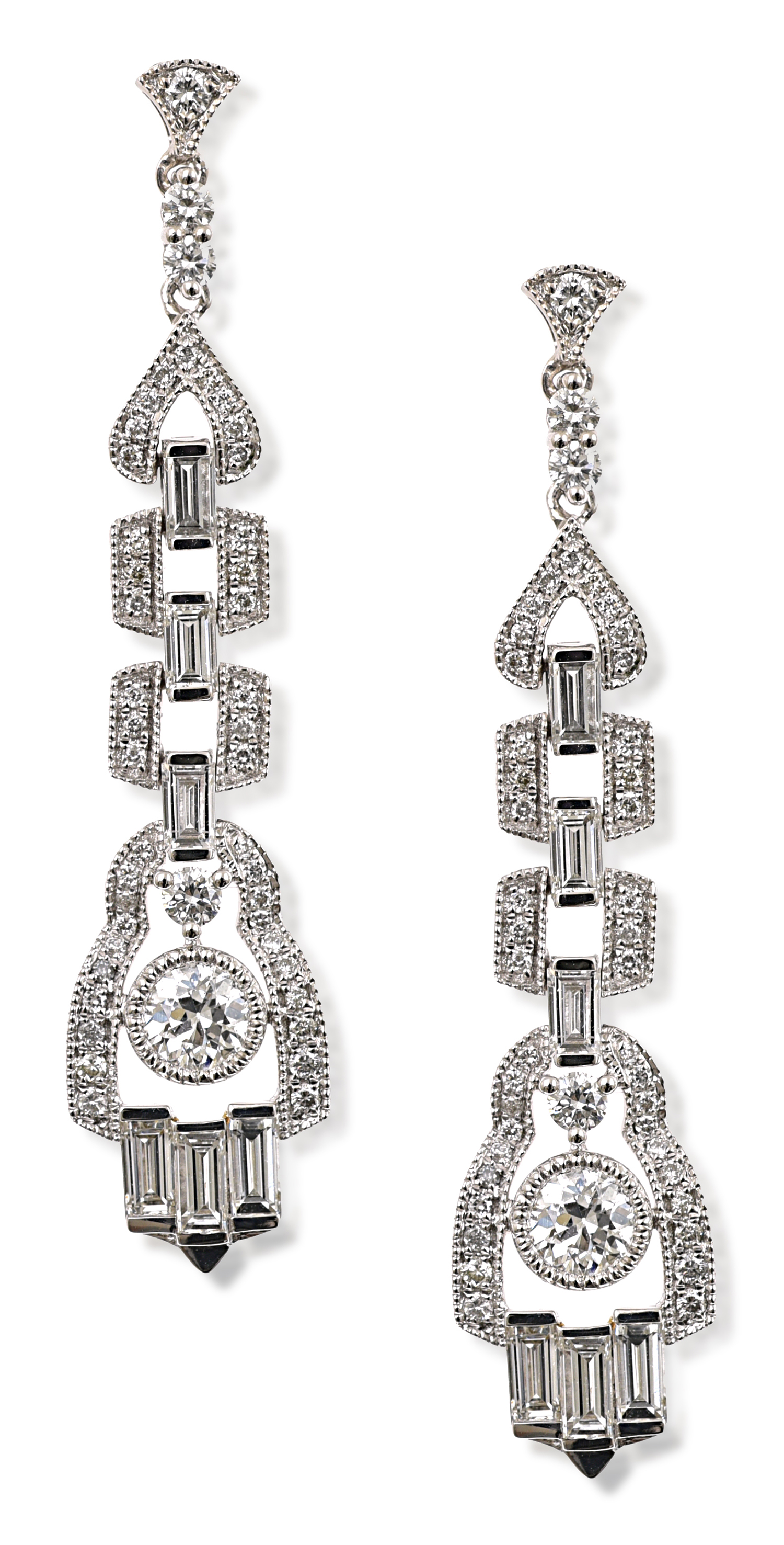 Appraisal: A PAIR OF ART DECO STYLE DIAMOND DROP EARRINGS Each