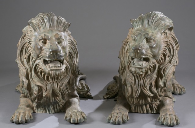 Appraisal: Pair of Bronze Lion Statues by A Tiot Pair of