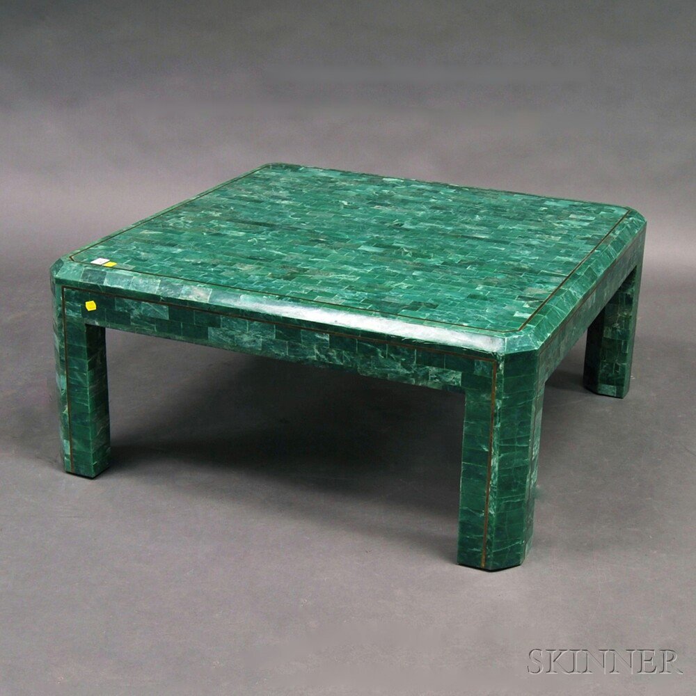 Appraisal: Green Stone and Wood Coffee Table the stone-lined square top