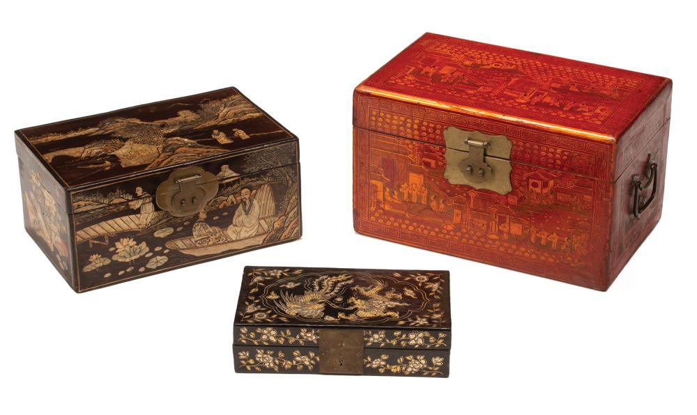 Appraisal: Collection of Three Chinese Lacquer Boxes incl gilt-decorated red h