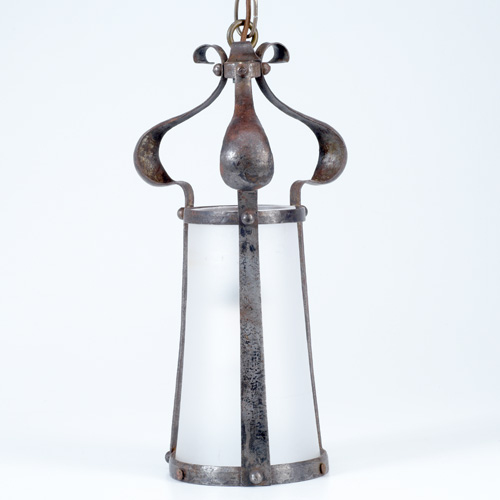 Appraisal: EUROPEAN Wrought-iron hanging lantern with frosted glass liner Unmarked Without