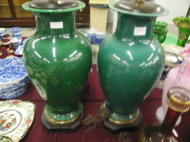 Appraisal: Pair of Green Monochrome Glaze Lamps oriental