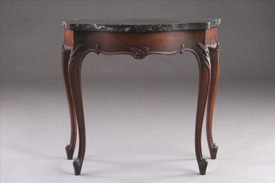 Appraisal: LOUIS XV STYLE WALNUT MARBLE-TOP PETITE CONSOLE th century Projecting