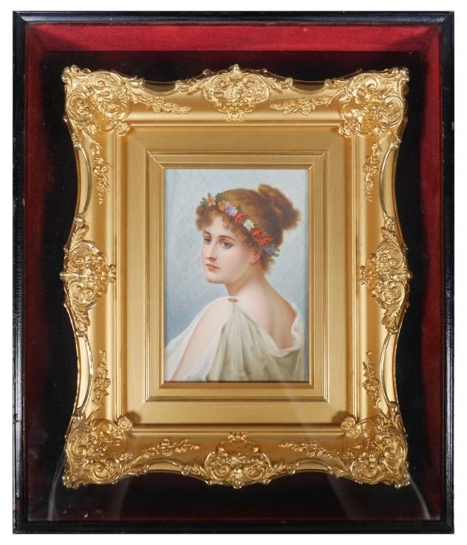 Appraisal: Signed portrait on porcelain KPM quality framed in shadow box