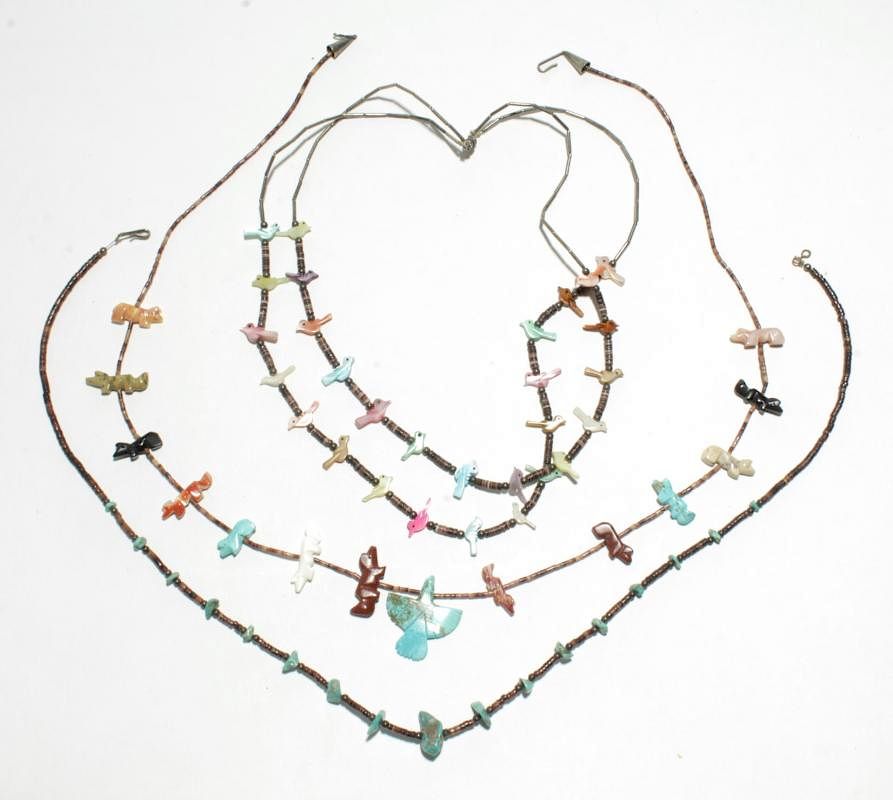 Appraisal: Native American Heishi Fetish Necklaces Three Native American heishi fetish