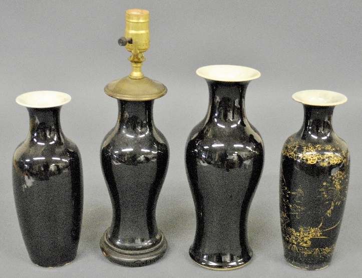 Appraisal: - Four Chinese black porcelain vases th c one converted