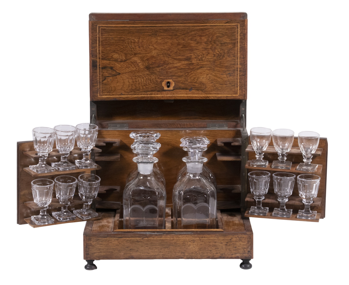 Appraisal: FRENCH TANTALUS SET th c Kingwood Folding Liqueur Cabinet with