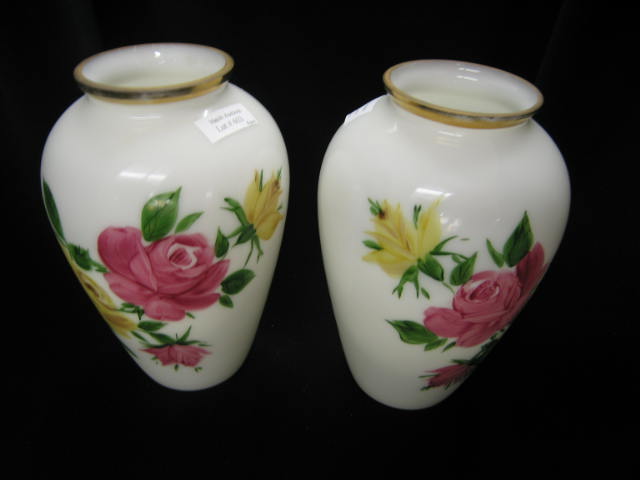 Appraisal: Pair of Handpainted Milk Glass Vase floral decor